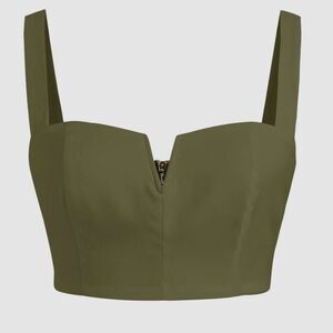 7 Solid V-Wire Tank Top / Bustier Crop Top with zipper Olive Green~
